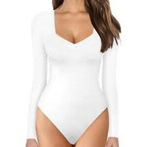 DKNY Jeans Classic Bodysuit "Sweatheart" V-Neck Long Sleeve Ivory XL Size M NWT